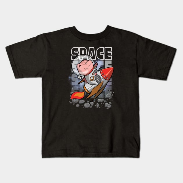 Cute Astronaut Dinosaur Tyrannosaurus Rex Flying on a rocket into Space Kids T-Shirt by DinoMart